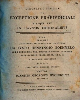 Dissertatio Ivridica De Exceptione Praeivdiciali, Eivsqve Vsv In Cavssis Criminalibvs