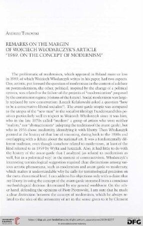 Remarks on the margin of Wojciech Włodarczyk's article "1989. On the concept of modernism"