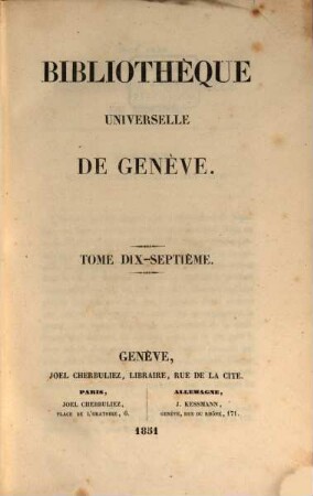 Bibliothèque universelle de Genève. 17. 1851