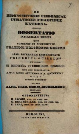 De bronchitidis chronicae curatione praecipue externa : Dissertatio inauguralis medica
