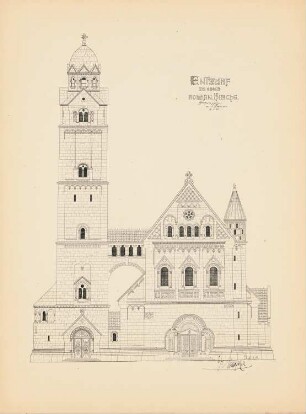 Romanische Kirche: Vorderansicht 1:50 (aus: Drucke von Seminararbeiten der Königlich Technischen Hochschule Berlin, Bd. III)