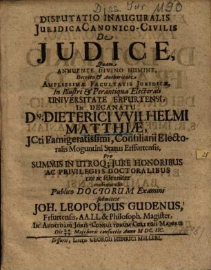 Disputatio Inauguralis Juridica Canonico-Civilis De Judice