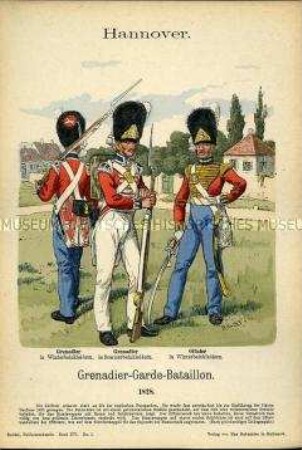 Uniformdarstellung, Gemeine und Offizier des Grenadier-Garde-Bataillons, Königreich Hannover, 1828.