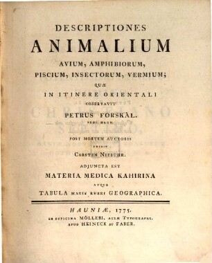 Descriptiones animalium, avium, amphibiorum, piscium, insectorum, vermium, quae in itinere orientali observavit