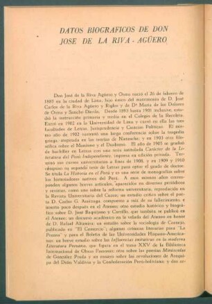 Datos biográficos de Don José de la Riva-Agüero