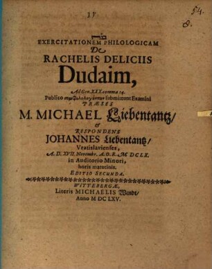 Exercitatio philol. de Rachelis deliciis Dudaim, ad Genes. 30, 14.