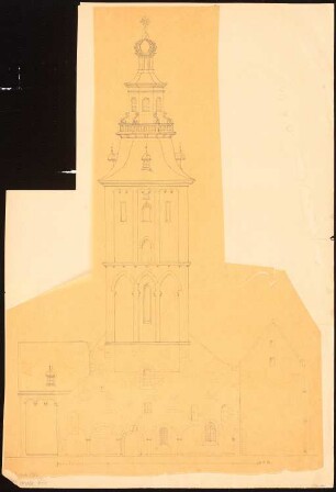 St. Ursula-Kirche, Köln: Ansicht der Turmfront, Maßstabsleiste (Rheinl. Fuß)