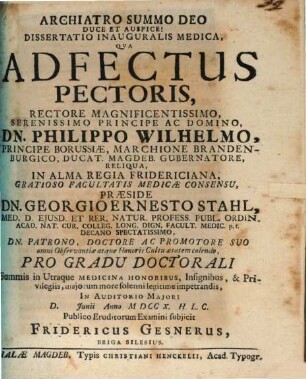 Dissertatio Inauguralis Medica, Qva Adfectus Pectoris