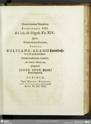 Conclusionum Forensium Exercitatio VIII. Ad Libr. II. Digest. Tit. XIV.