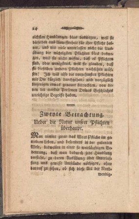 Zweyte Betrachtung. Ueber die Natur unsrer Pflichten überhaupt