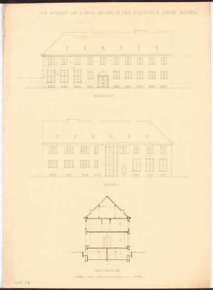Feierabendheim Monatskonkurrenz Januar 1930: Aufriss Vorderansicht, Hofansicht 1:100; Maßstabsleiste