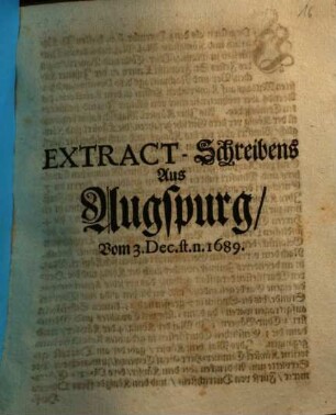 Extract-Schreibens Aus Augspurg : Vom 3. Dec.st.n. 1689