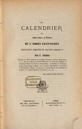 Le Calendrier des jours fastes et néfastes de l'année égyptienne : traduction complète du Papyrus Sallier IV