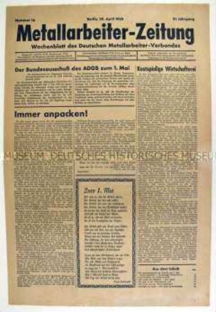 Wochenzeitung des Deutschen Metallarbeiter-Verbandes u.a. zum 1. Mai 1933