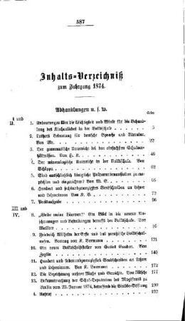 Inhalts-Verzeichniß zum Jahrgang 1874