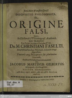 Disquisitio philosophica, de origine falsi