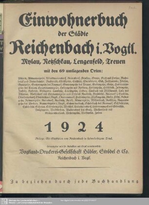 1924: Einwohnerbuch der Städte Reichenbach i. V., Mylau, Netzschkau und umliegender Ortschaften