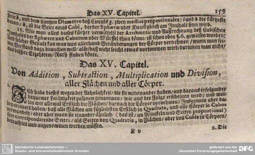 Das XV. Capitel. Von Addition, Subtraction, Multiplication und Division, aller Flächen und aller Cörper.