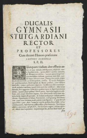 Ducalis Gymnasii Stutgardiani Rector Et Professores...