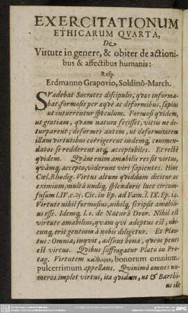 Exercitationum Ethicarum Quarta, De Virtute in genere, & obiter de actionibus & affectibus humanis