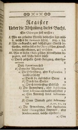 Register Ueber die Abtheilung dieses Buchs.