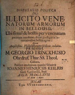 Disp. polit. de illicito venenatorum armorum in bello usu