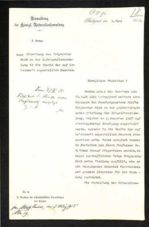 Einweisung des Präparator Böck an der K. Naturaliensammlung in die Rechte der auf Lebenszeit angestellten Beamten