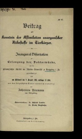 Beitrag zur Kenntnis der Assimilation anorganischer Nährstoffe im Tierkörper