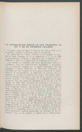 La extradición según la ley francesa de 1927 y en el Derecho Chileno
