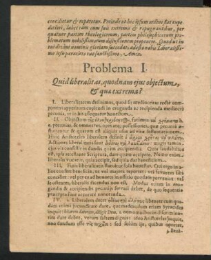 Problema I. Quid liberalitas, quodnam eius obiectum, & quae extrema?