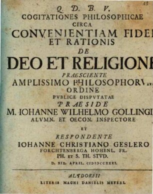Cogitationes Philosophicae Circa Convenientiam Fidei Et Rationis De Deo Et Religione