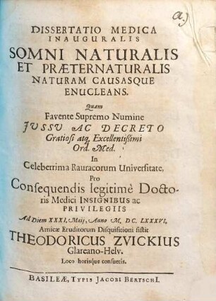 Dissertatio Medica Inauguralis Somni Naturalis Et Praeternaturalis Naturam Causasque Enucleans