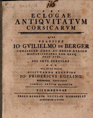 Jo. Guilielmi Bergeri Eclogarium Corsicum, 2. Exercitatio ... Eclogae Antiquitatum Corsicarum