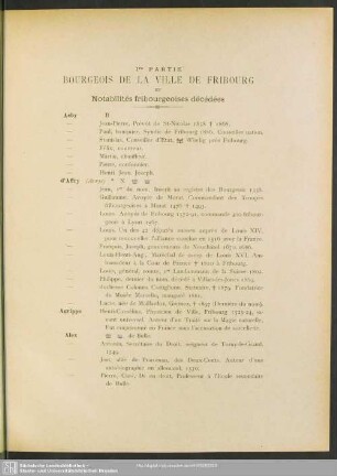 Ire Partie Bourgeois De La Ville De Fribourg Et Notabilités fribourgeoises décédées