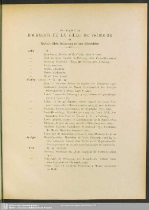 Ire Partie Bourgeois De La Ville De Fribourg Et Notabilités fribourgeoises décédées