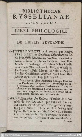 Bibliothecae Rysselianae, Pars Prima