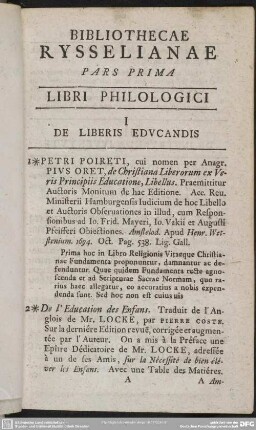 Bibliothecae Rysselianae, Pars Prima