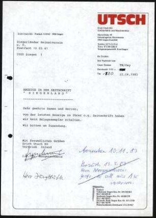 Firmenbriefkopf Utsch,Erich Utsch KG, Schilderfabrik und Maschinenfabrik
