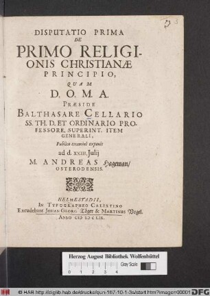 Disputatio Prima De Primo Religionis Christianae Principio