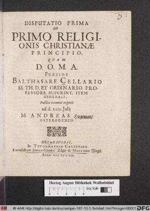 Disputatio Prima De Primo Religionis Christianae Principio
