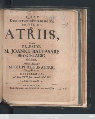 Dissertatio Philologica, Posterior, De Atriis