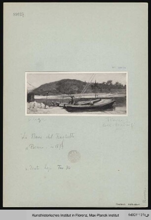 Schatulle, mit Landschaftsmotiven bemalt (Cofanetto Majorfi) : Flusslandschaft mit Fährboot
