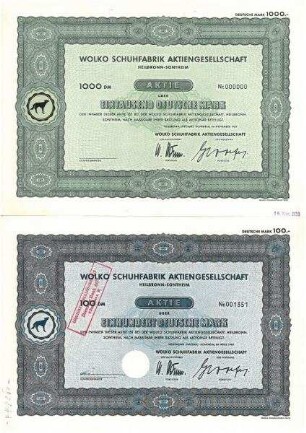 Aktie der Wolko Schuhfabrik Aktiengesellschaft über 100 Deutsche Mark (Nr. 1351) und Probedruck über 1000 DM