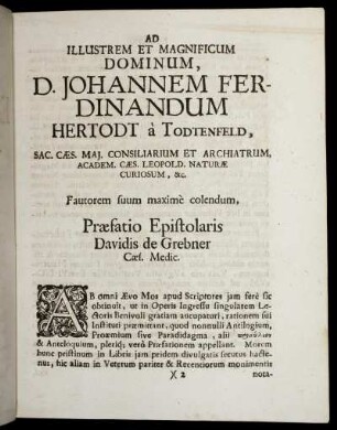 Ad Illustrem Et Magnificum Dominum, D. Johannem Ferdinandum Hertodt à Todtenfeld,...