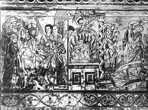 Braunschweig, sog. Dom, St. Blasii, Wandmalerei, Südwand des Chorquadrum, Legende des Hl. Blasius, Blasius und die sieben Frauen
