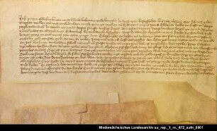 Poppo Ebbeken in Larrelt verkauft dem Jakob Lamberts in Emden Grundbesitz im Twixlumer Hammrich. Angeheftet: Jakob Lamberts verkauft den Grundbesitz dem Kloster Langen = OUB II, Nr. 1384, S. 405 Anhängendes Siegel erhalten; Anhängende Siegel verloren