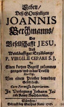 Leben, Deß Gottseeligen Joannis Berchmanns, Der Gesellschafft Jesu