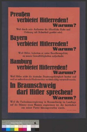 Propagandaplakat der SPD gegen Redetätigkeit von Adolf Hitlers