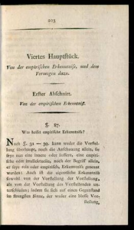 Viertes Hauptstück. Von der empirischen Erkenntniss, und dem Vermögen dazu