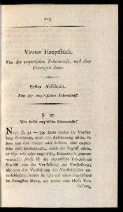 Viertes Hauptstück. Von der empirischen Erkenntniss, und dem Vermögen dazu